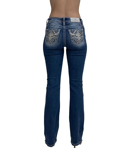Miss Me Women's Mid-Rise Floral Embellished Steer Bull Boot Cut